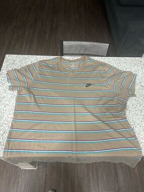 Nike Tan Striped Tee with Teal & Purple Accents